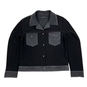 Vintage Equestrian Brand Black Riding Jacket Snap Close Denim Trim Stretch USA